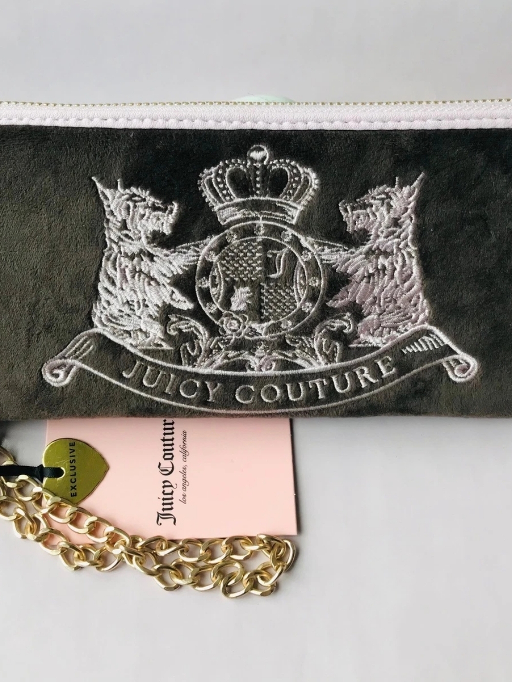 Juicy Couture Black and Pink Velvet Wallet Clutch with Gold Chain